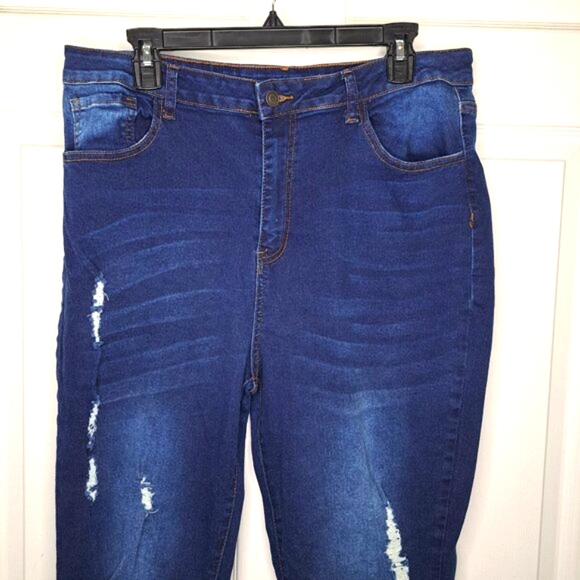 Distressed Stretch Dark Wash Flare Jeans Long Length Plus Size XXL - Picture 4 of 7